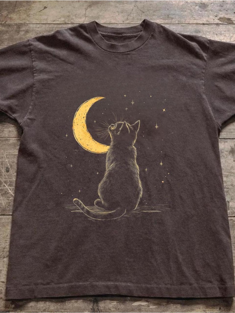 Gildan Brown Tee with Yellow Moon & Cat Graphic